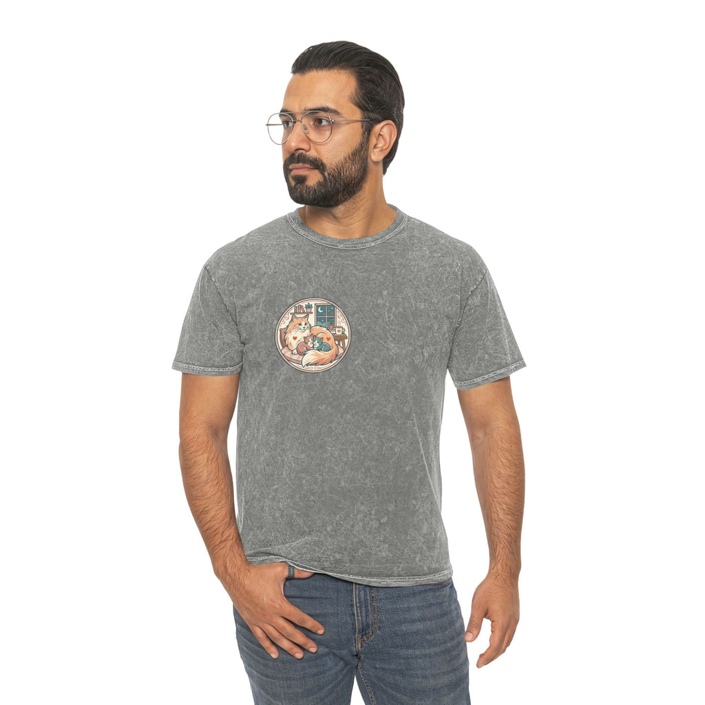 Cozy Cat Cottage T-Shirt — Vintage Mineral Wash Cat Illustration