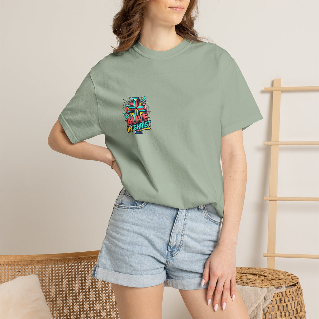 T-Shirt — "Alive in Christ" Colorful Cross Christian Tee