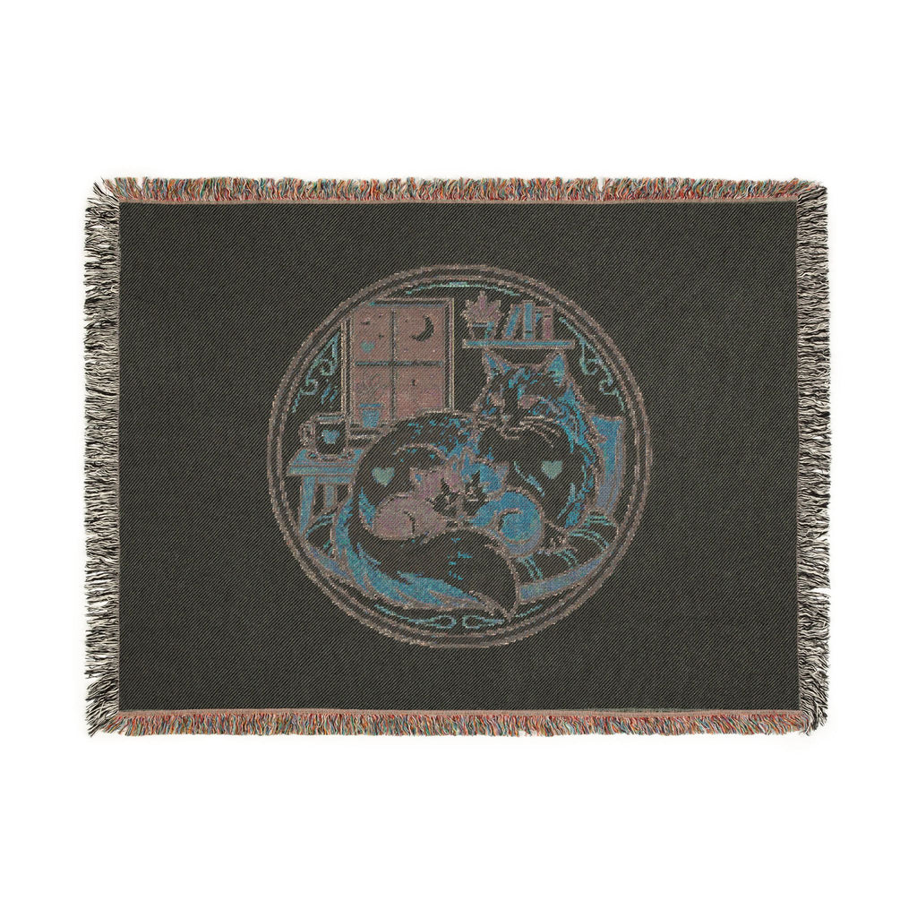Cat Cozy Woven Blanket – Whimsical Nighttime Woodland Throw
