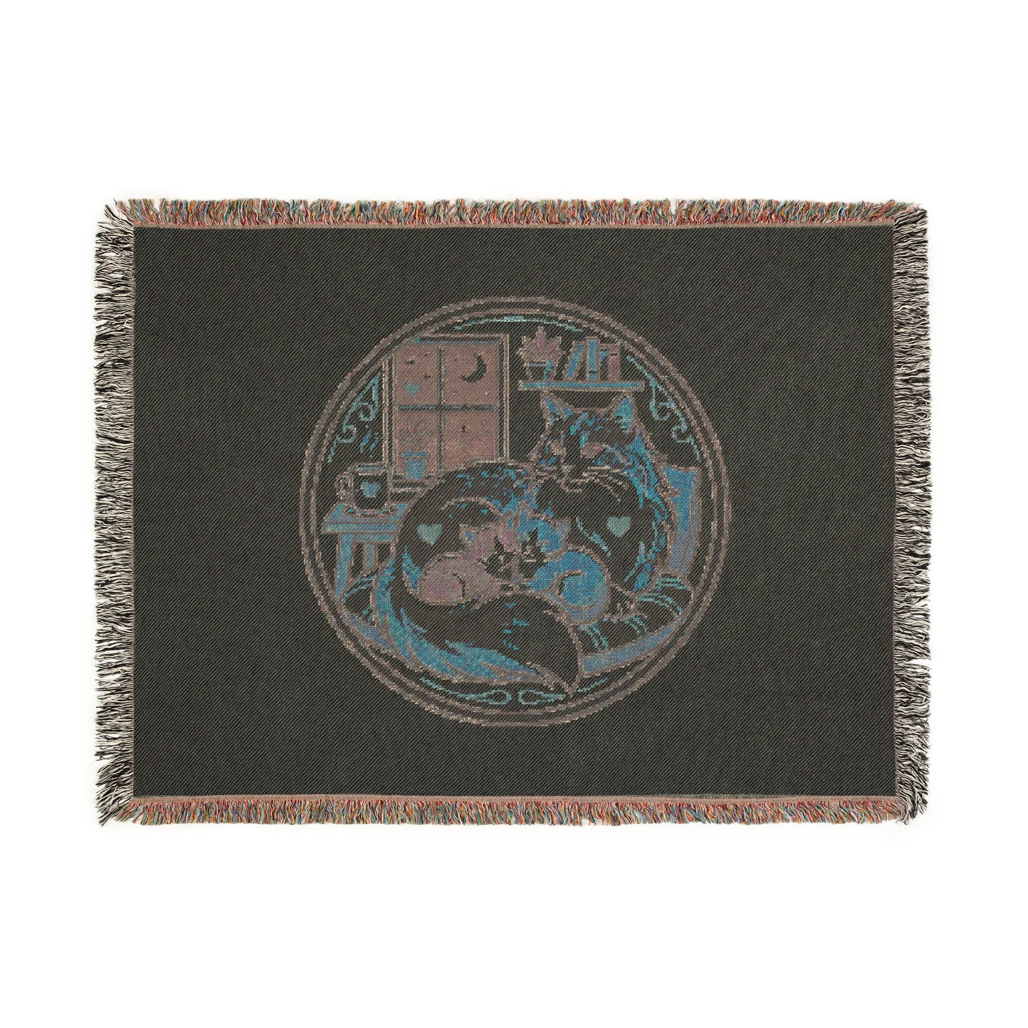 Cat Cozy Woven Blanket – Whimsical Nighttime Woodland Throw