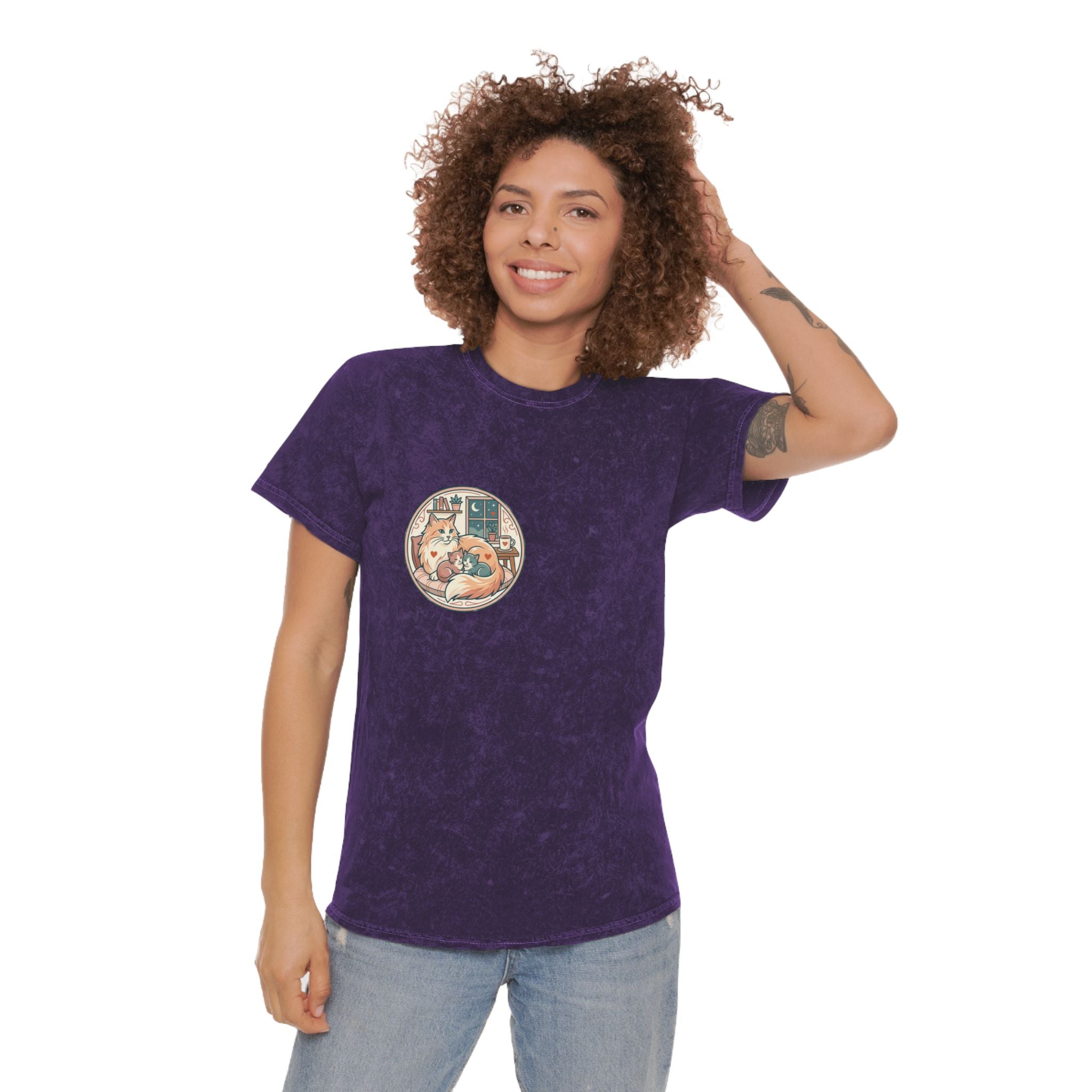 Cozy Cat Cottage T-Shirt — Vintage Mineral Wash Cat Illustration
