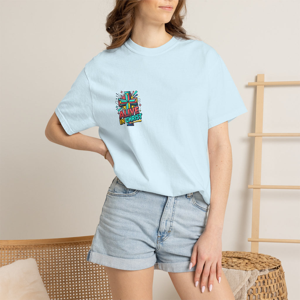 T-Shirt — "Alive in Christ" Colorful Cross Christian Tee