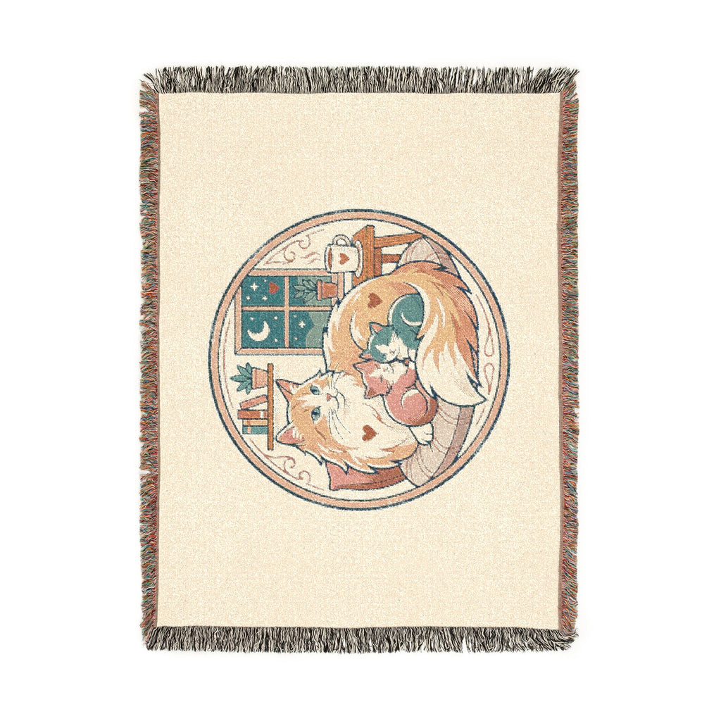 Cat Cozy Woven Blanket – Whimsical Nighttime Woodland Throw