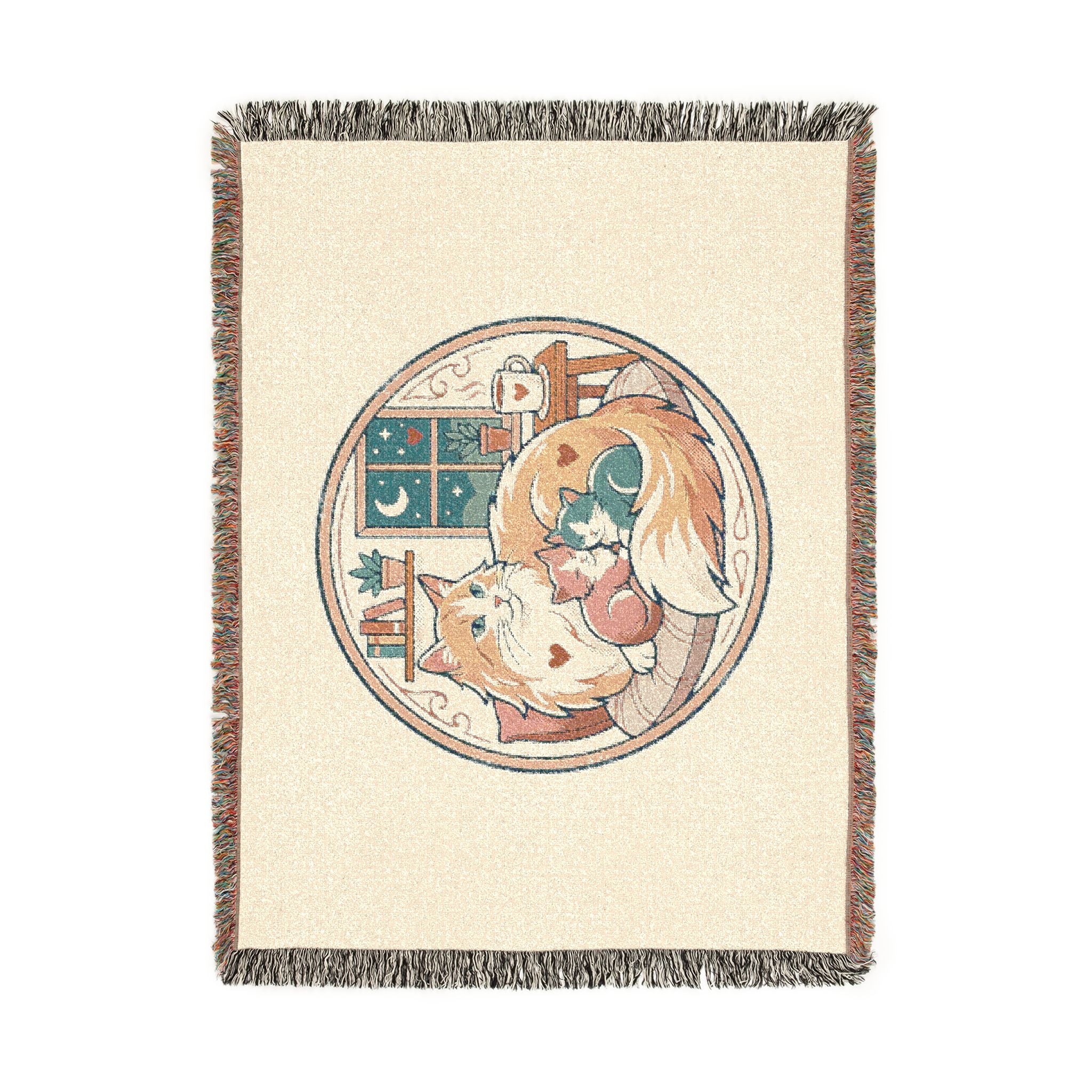 Cat Cozy Woven Blanket – Whimsical Nighttime Woodland Throw