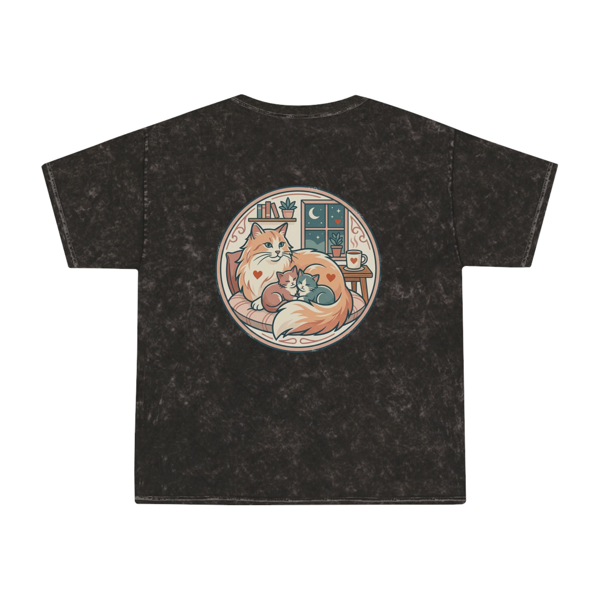 Cozy Cat Cottage T-Shirt — Vintage Mineral Wash Cat Illustration