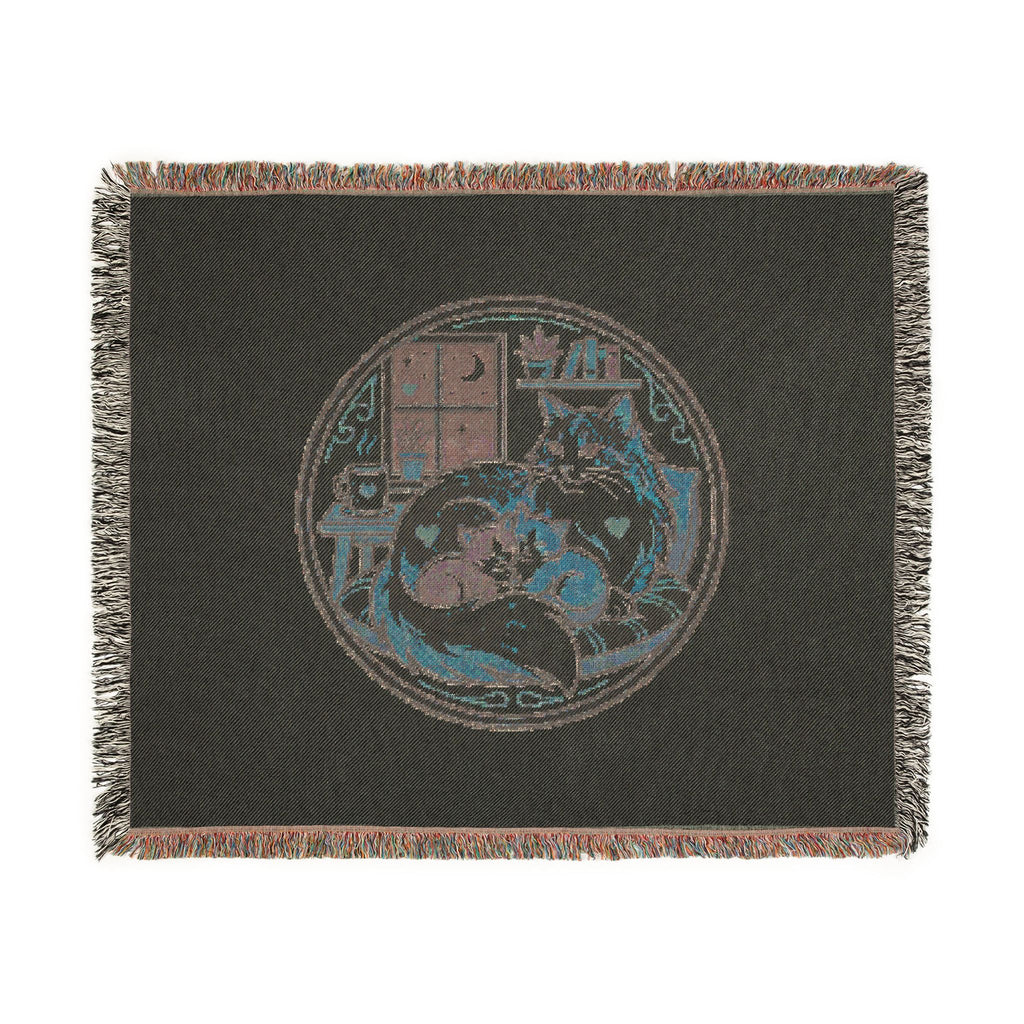 Cat Cozy Woven Blanket – Whimsical Nighttime Woodland Throw