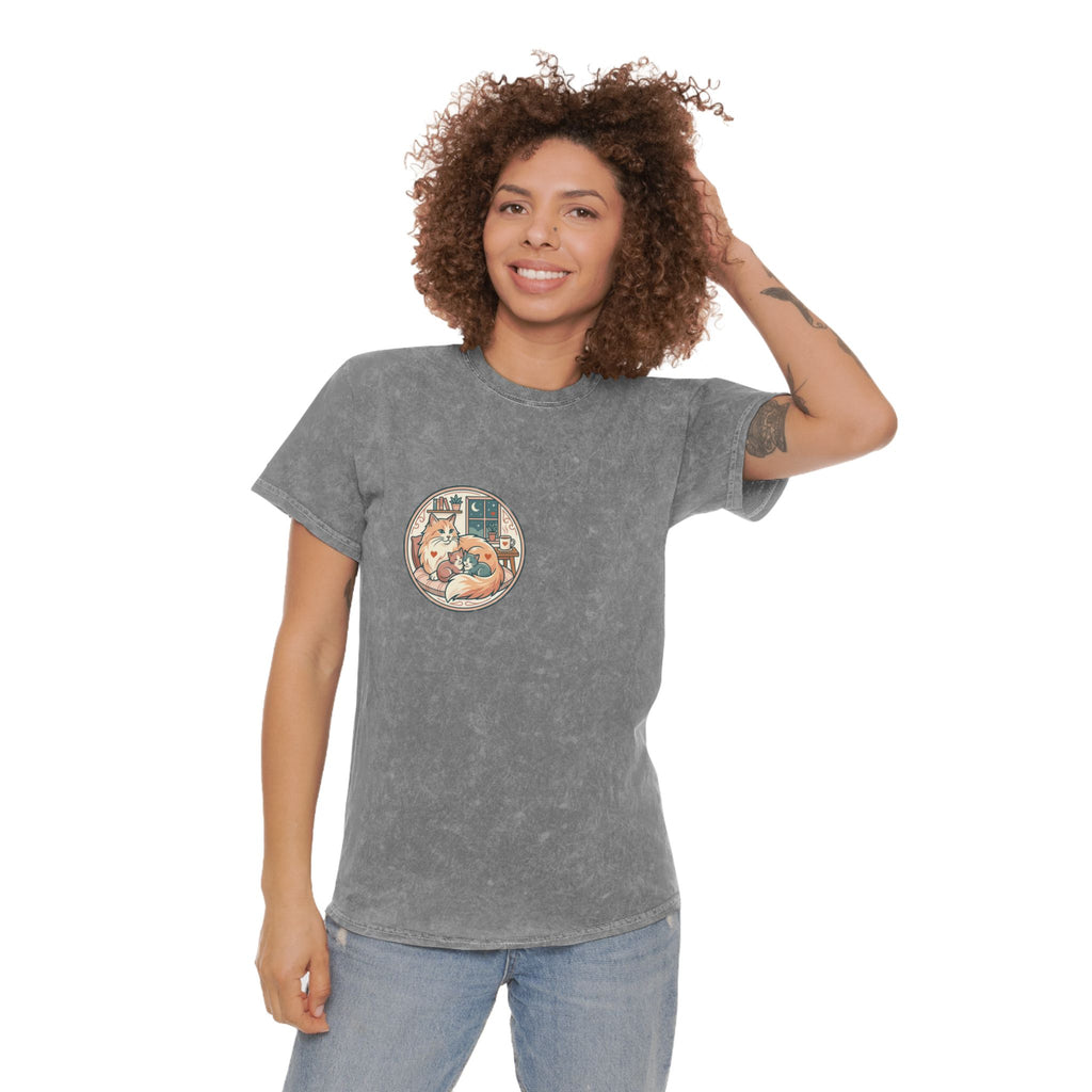 Cozy Cat Cottage T-Shirt — Vintage Mineral Wash Cat Illustration
