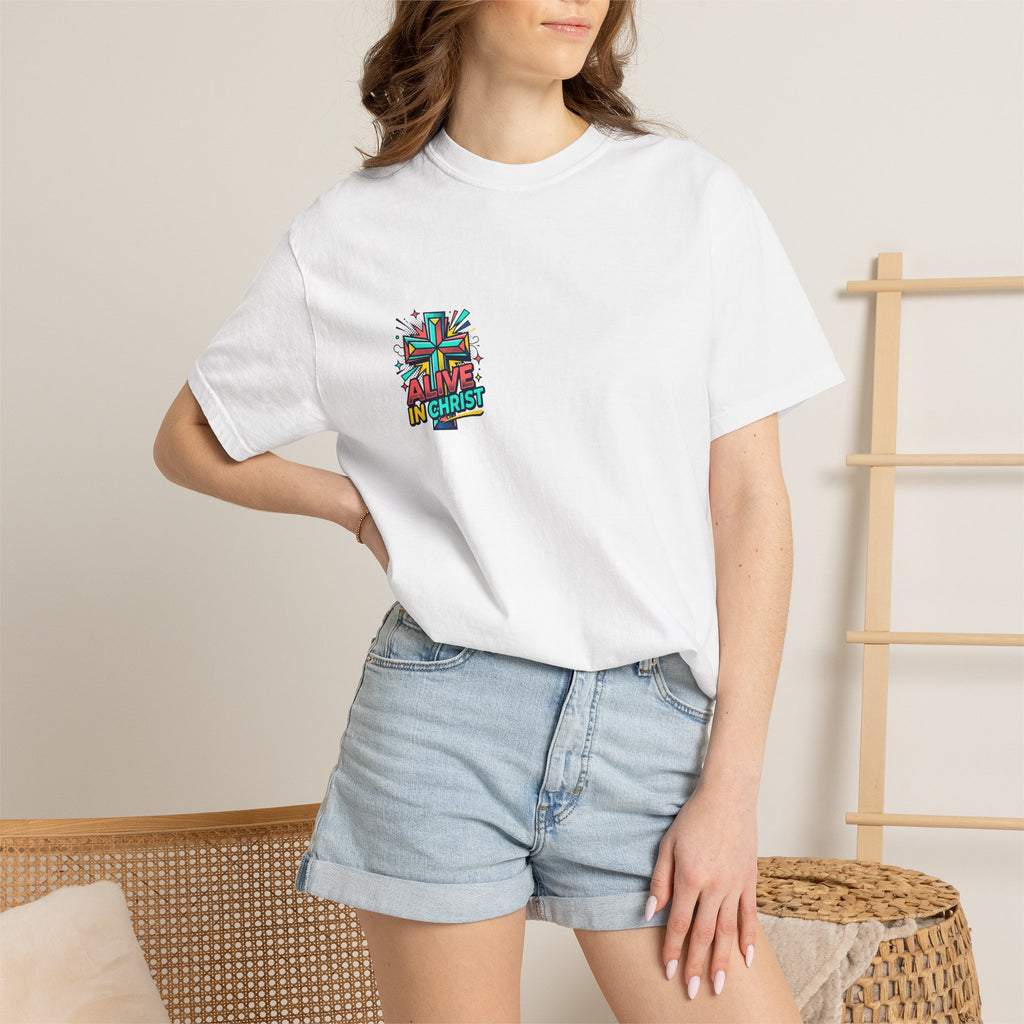 T-Shirt — "Alive in Christ" Colorful Cross Christian Tee