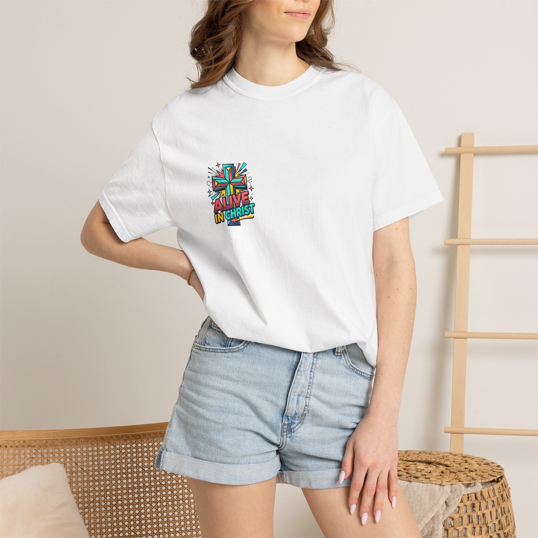 T-Shirt — "Alive in Christ" Colorful Cross Christian Tee