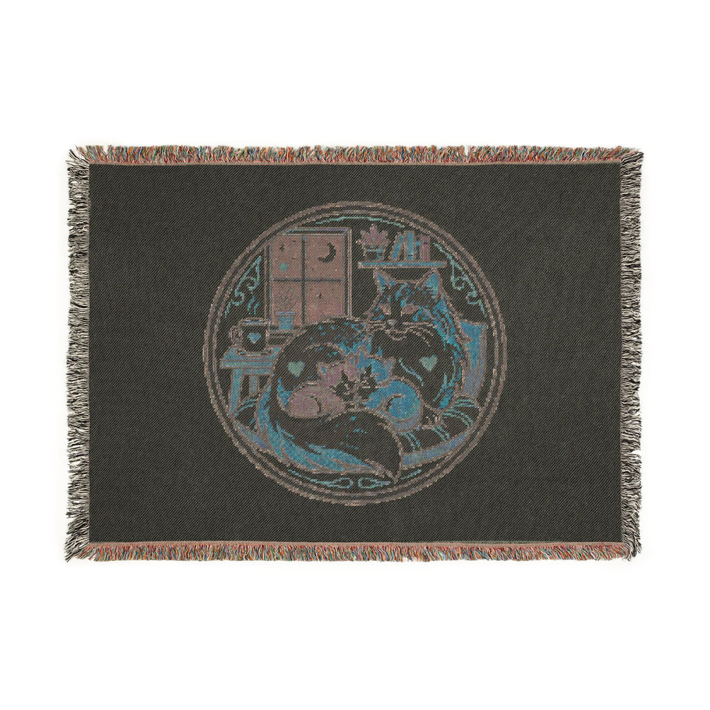Cat Cozy Woven Blanket – Whimsical Nighttime Woodland Throw