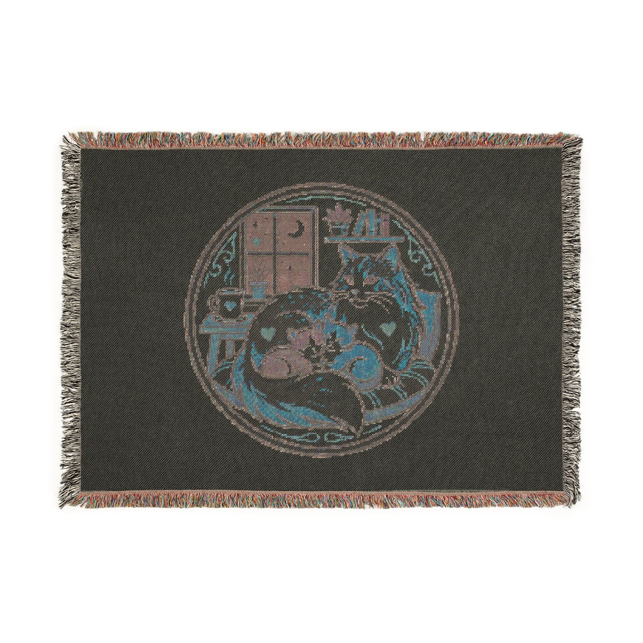 Cat Cozy Woven Blanket – Whimsical Nighttime Woodland Throw