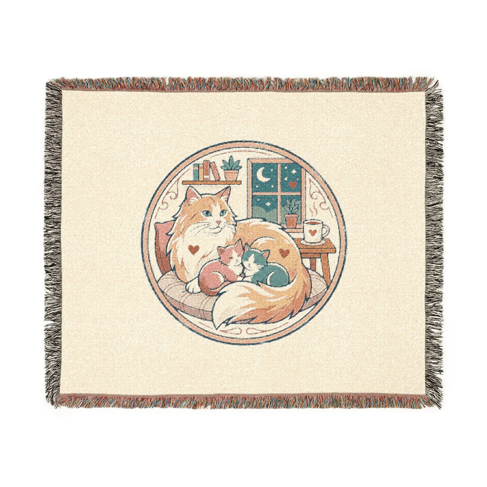 Cat Cozy Woven Blanket – Whimsical Nighttime Woodland Throw