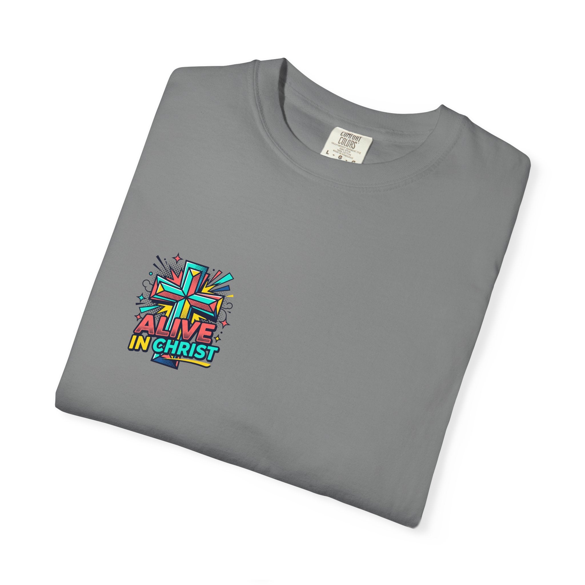 T-Shirt — "Alive in Christ" Colorful Cross Christian Tee
