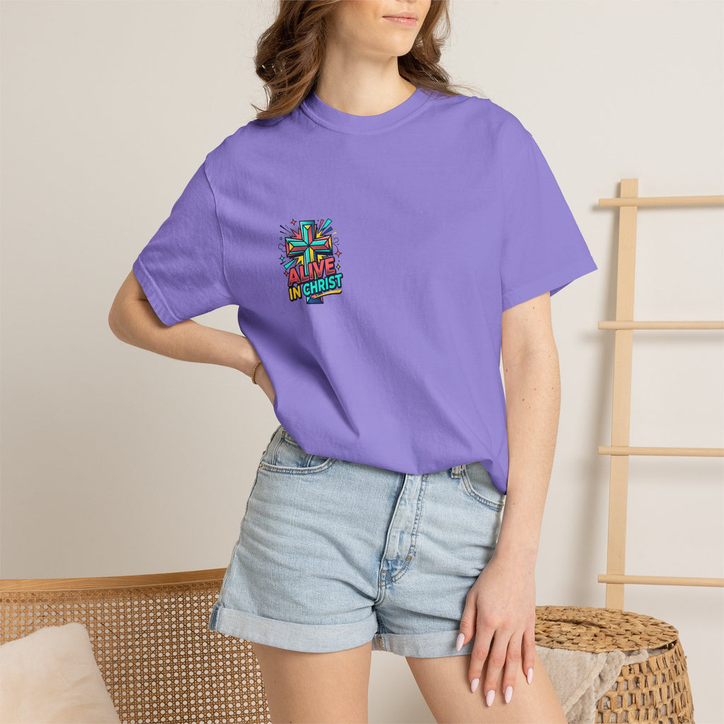 T-Shirt — "Alive in Christ" Colorful Cross Christian Tee