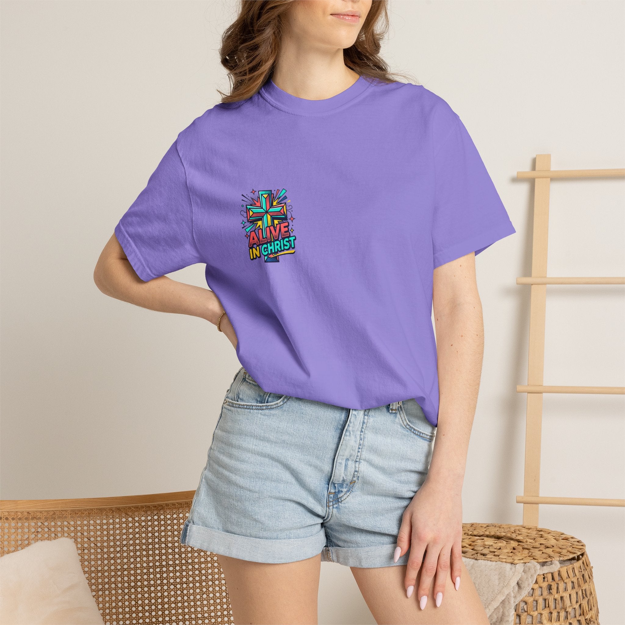T-Shirt — "Alive in Christ" Colorful Cross Christian Tee