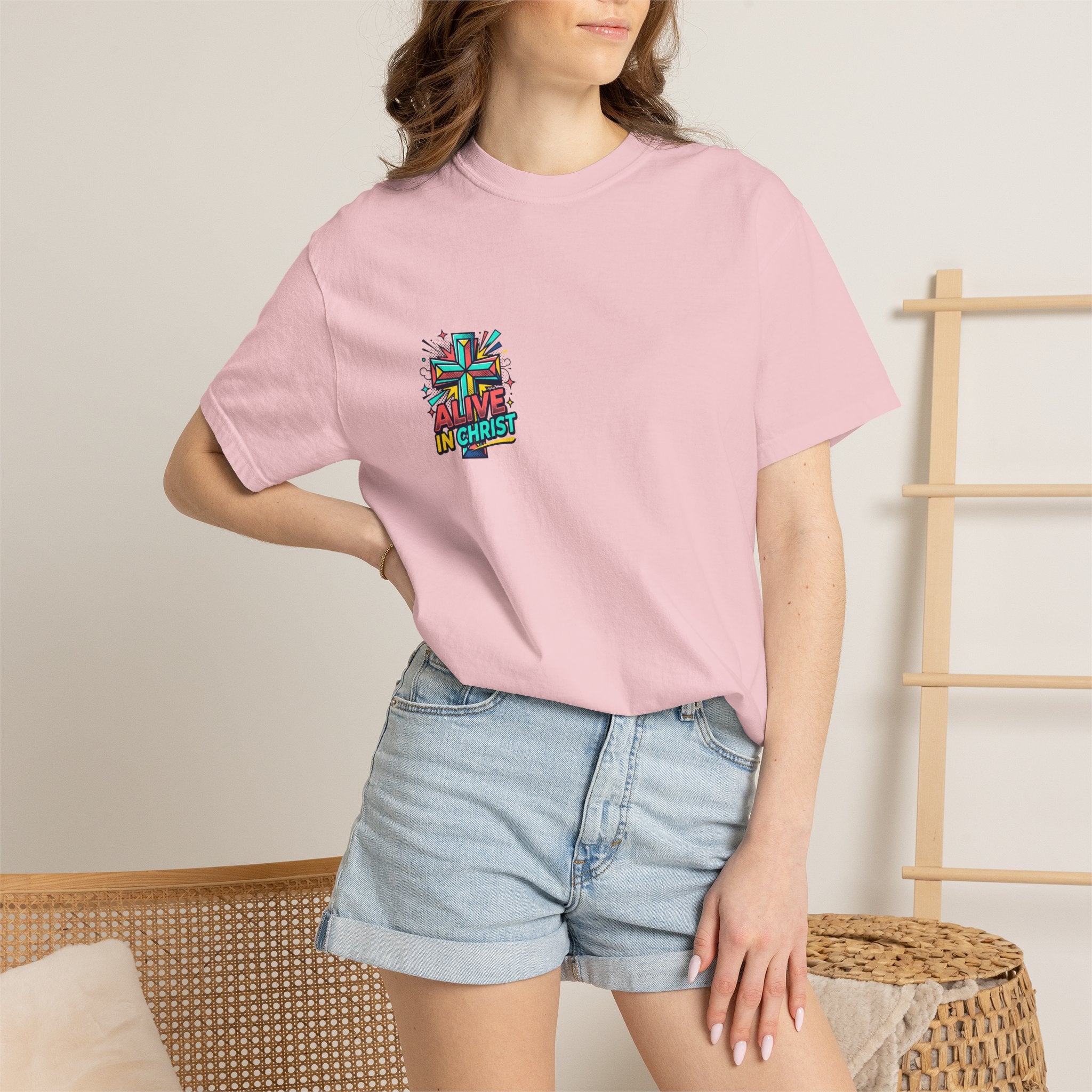 T-Shirt — "Alive in Christ" Colorful Cross Christian Tee