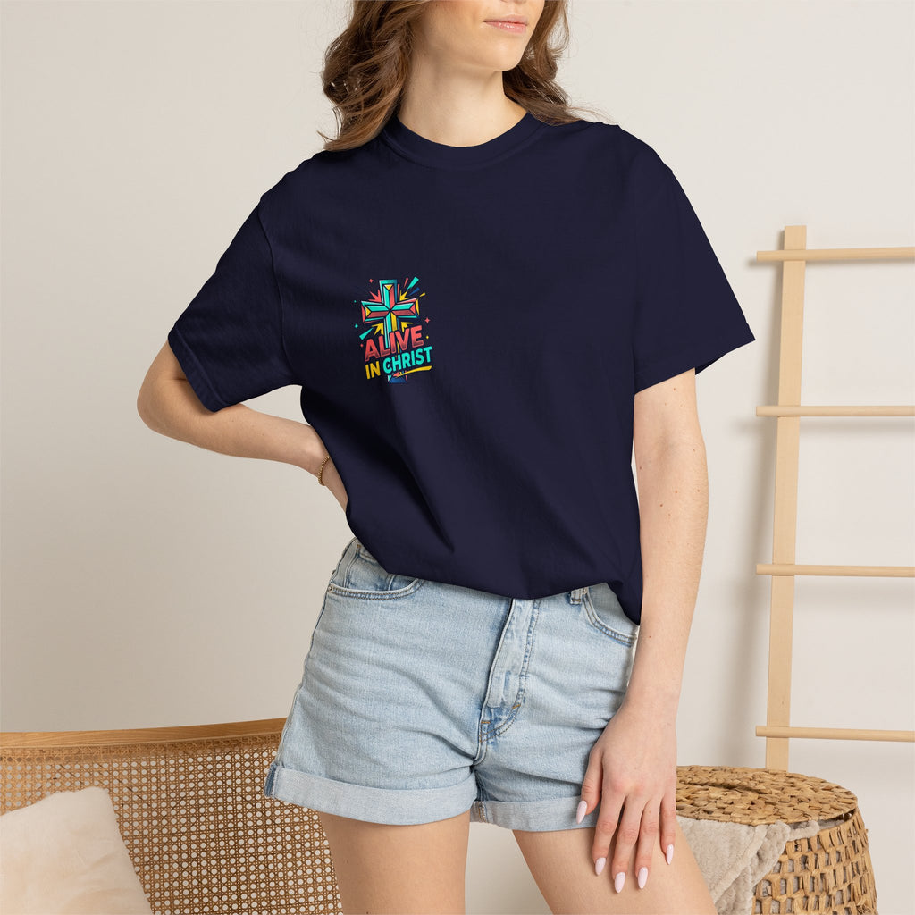 T-Shirt — "Alive in Christ" Colorful Cross Christian Tee