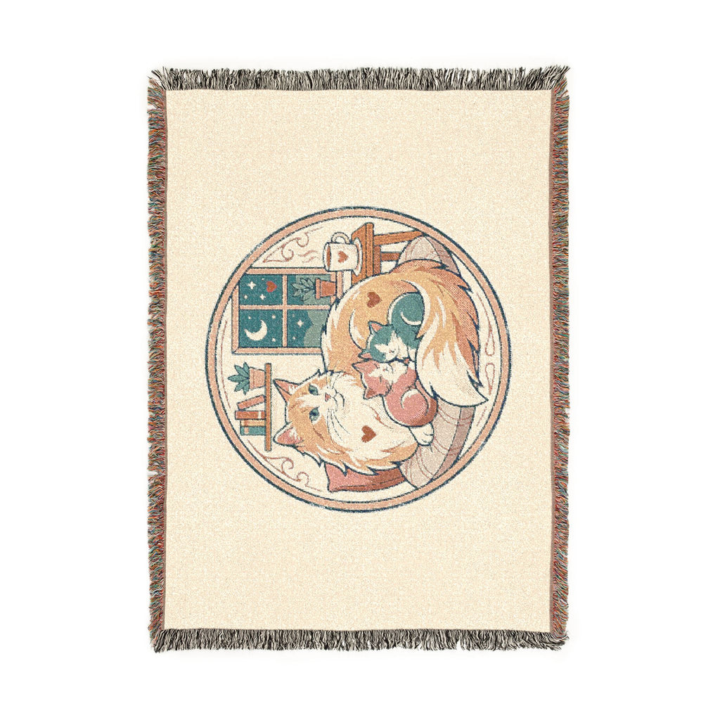 Cat Cozy Woven Blanket – Whimsical Nighttime Woodland Throw