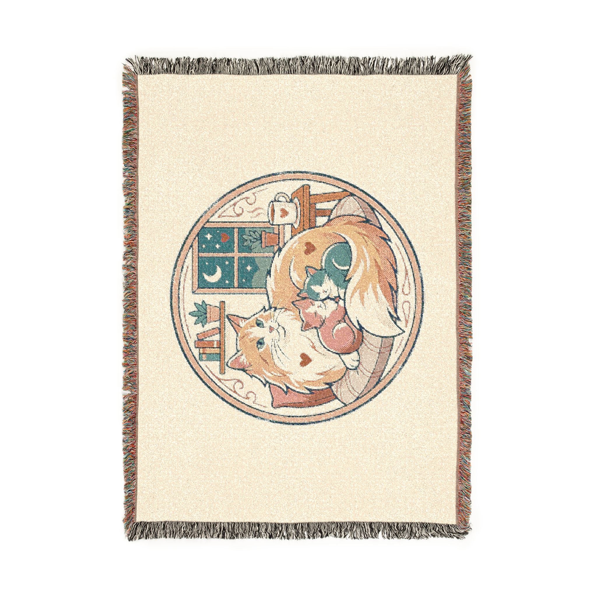 Cat Cozy Woven Blanket – Whimsical Nighttime Woodland Throw
