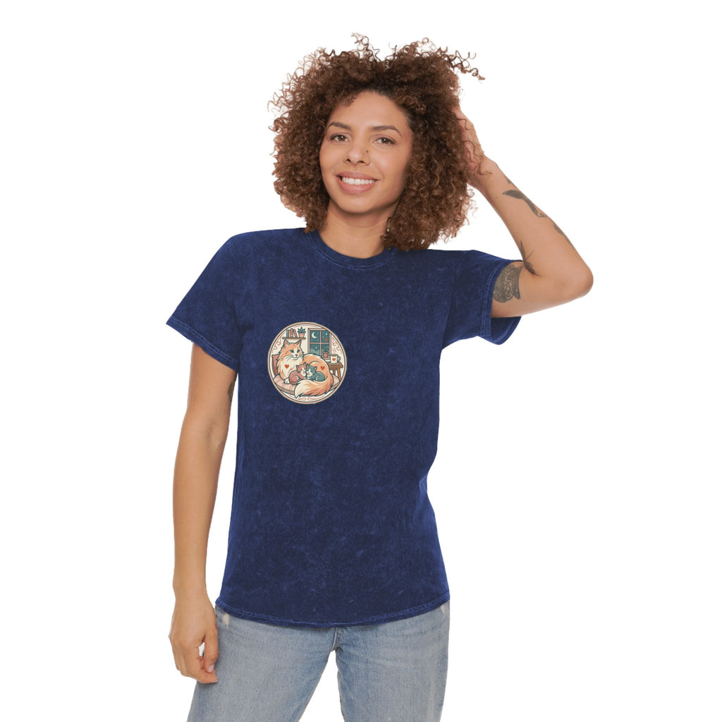 Cozy Cat Cottage T-Shirt — Vintage Mineral Wash Cat Illustration