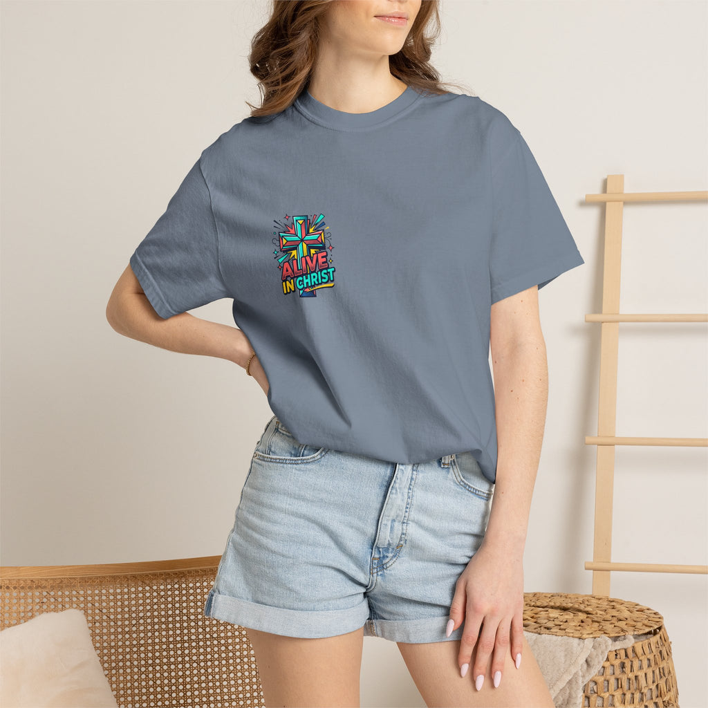 T-Shirt — "Alive in Christ" Colorful Cross Christian Tee