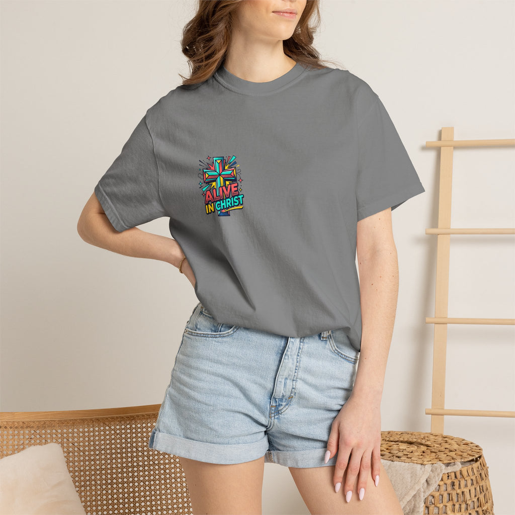 T-Shirt — "Alive in Christ" Colorful Cross Christian Tee