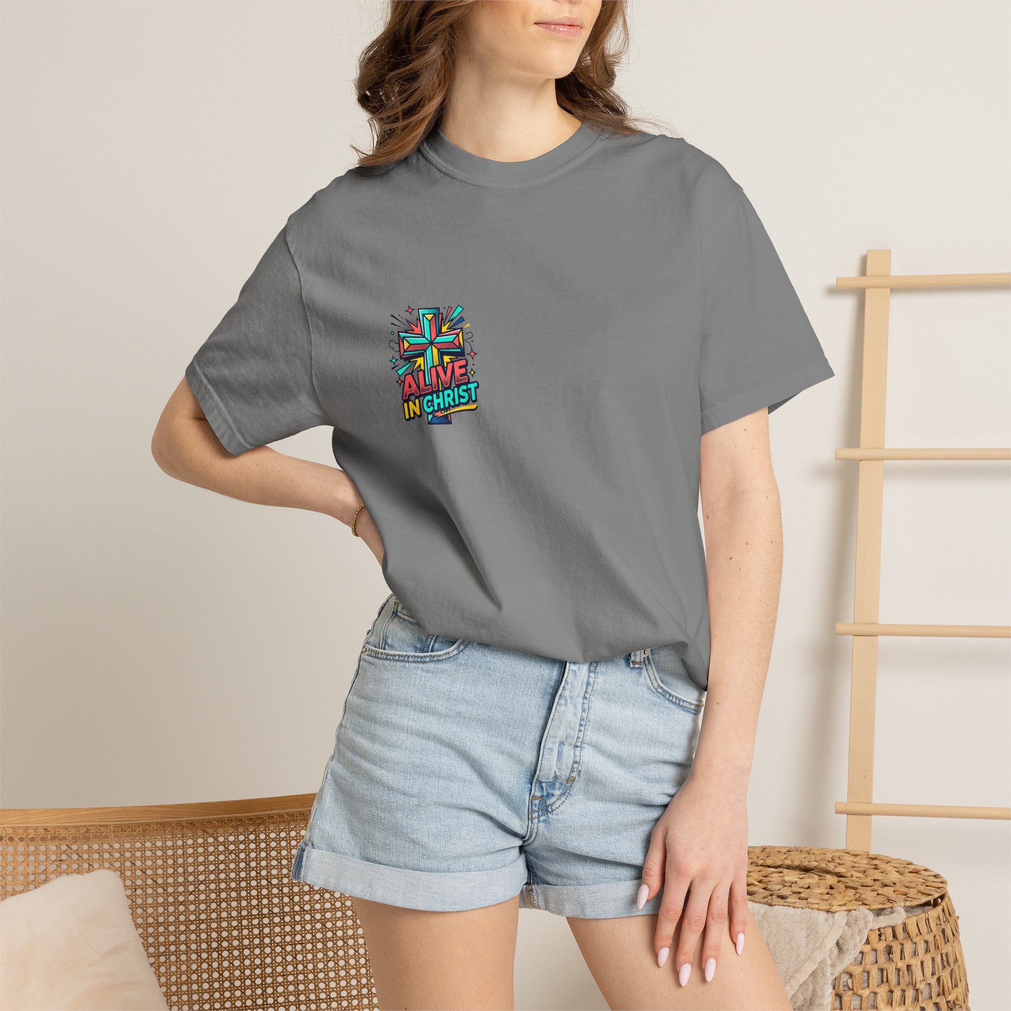 T-Shirt — "Alive in Christ" Colorful Cross Christian Tee