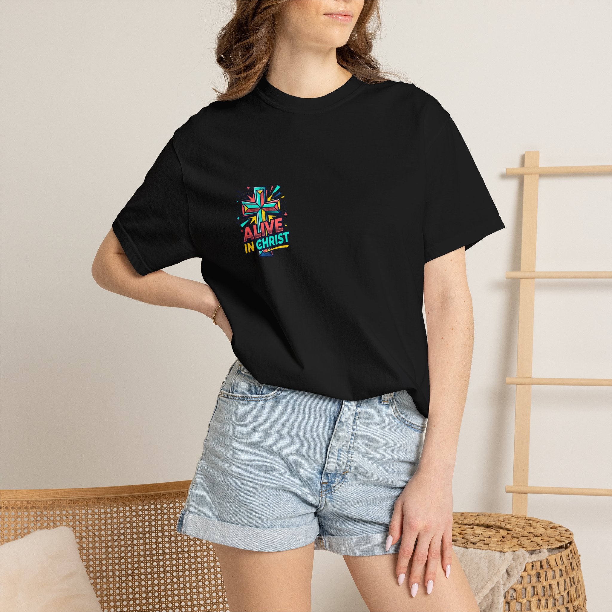 T-Shirt — "Alive in Christ" Colorful Cross Christian Tee