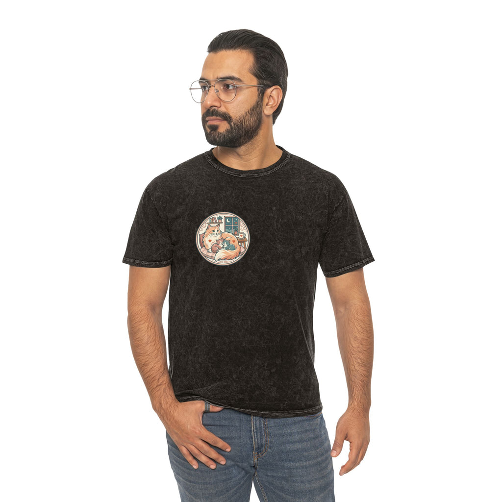 Cozy Cat Cottage T-Shirt — Vintage Mineral Wash Cat Illustration