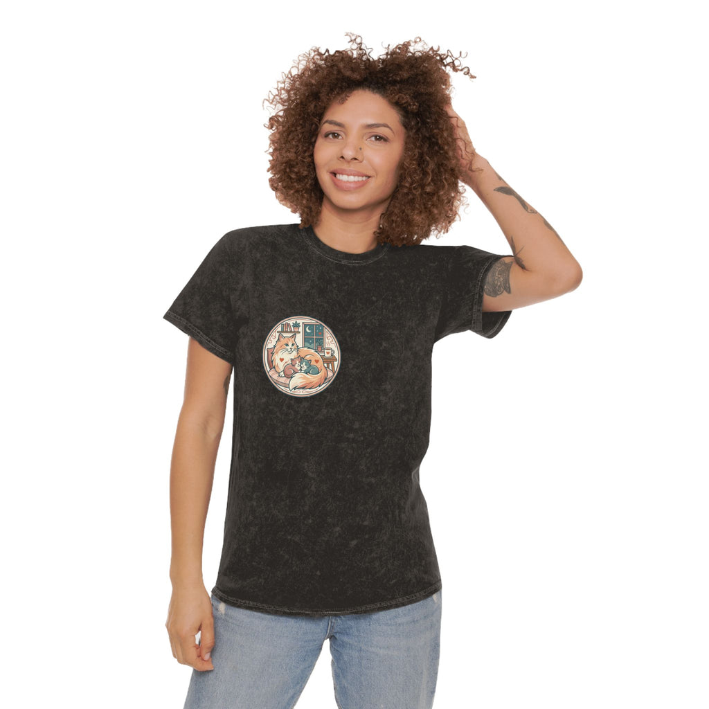 Cozy Cat Cottage T-Shirt — Vintage Mineral Wash Cat Illustration