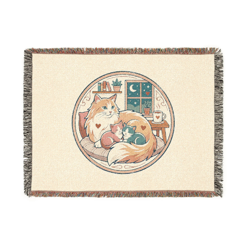 Cat Cozy Woven Blanket – Whimsical Nighttime Woodland Throw