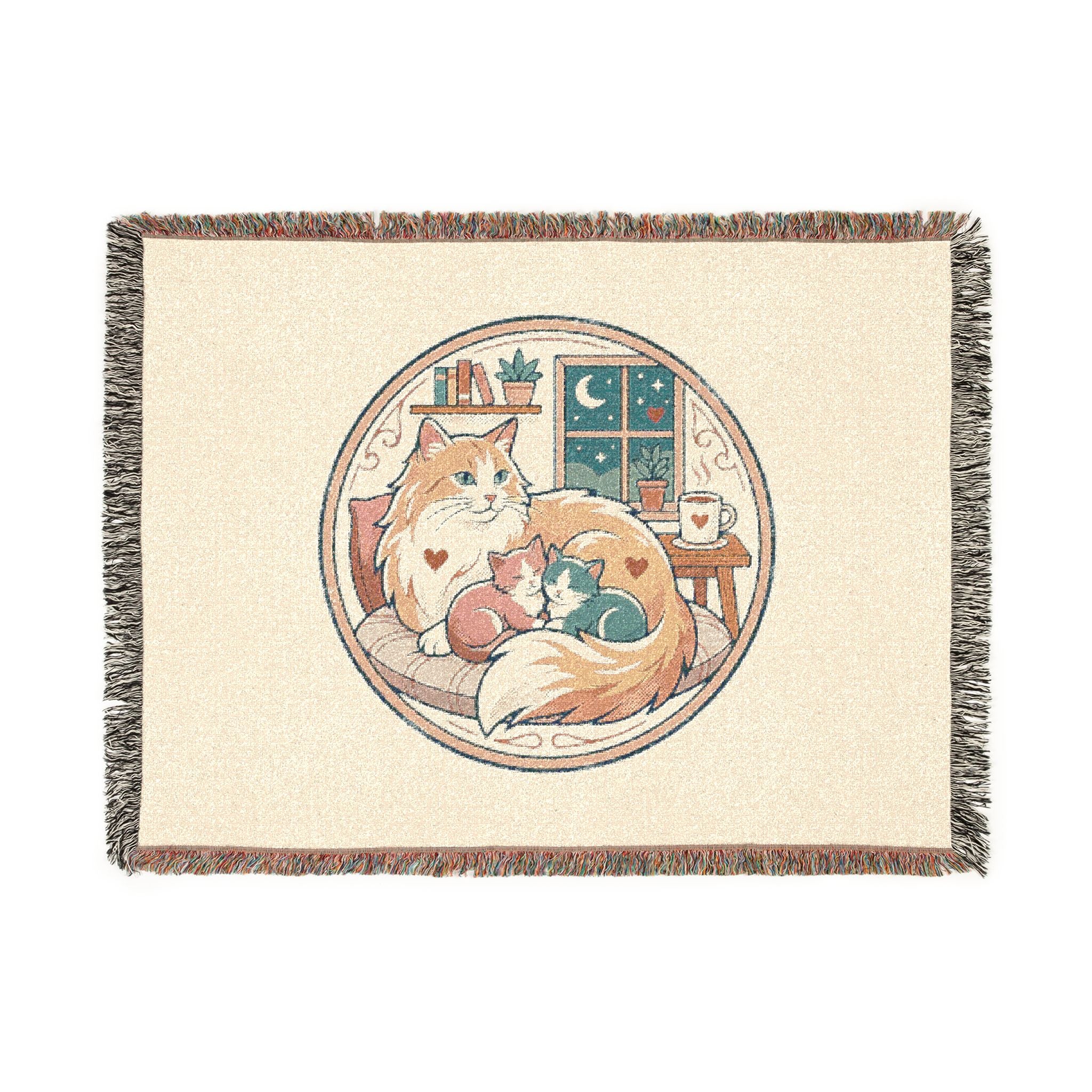Cat Cozy Woven Blanket – Whimsical Nighttime Woodland Throw