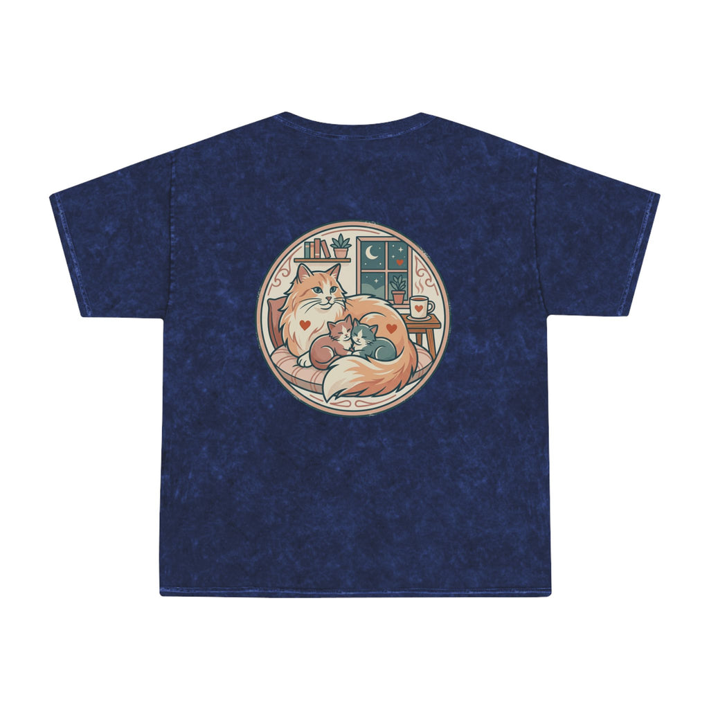 Cozy Cat Cottage T-Shirt — Vintage Mineral Wash Cat Illustration