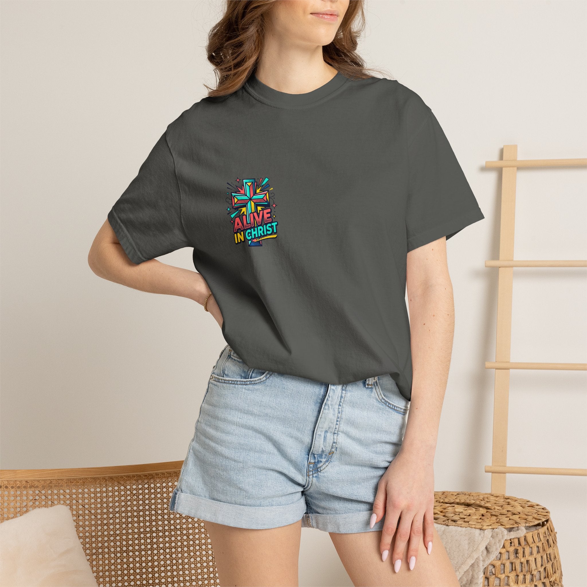 T-Shirt — "Alive in Christ" Colorful Cross Christian Tee