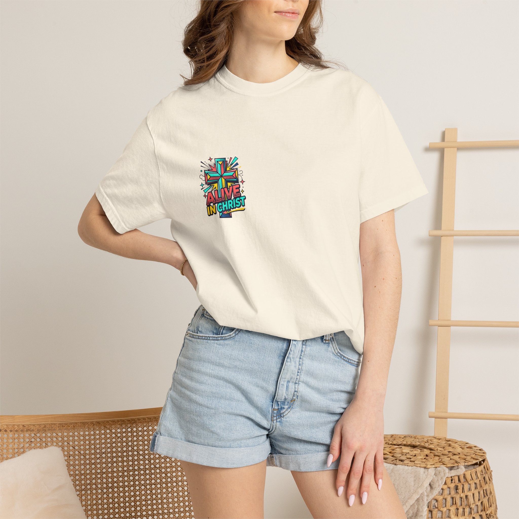 T-Shirt — "Alive in Christ" Colorful Cross Christian Tee