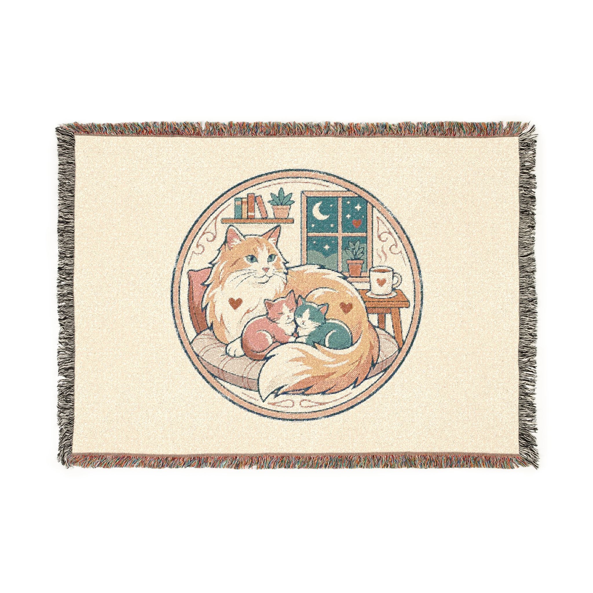 Cat Cozy Woven Blanket – Whimsical Nighttime Woodland Throw