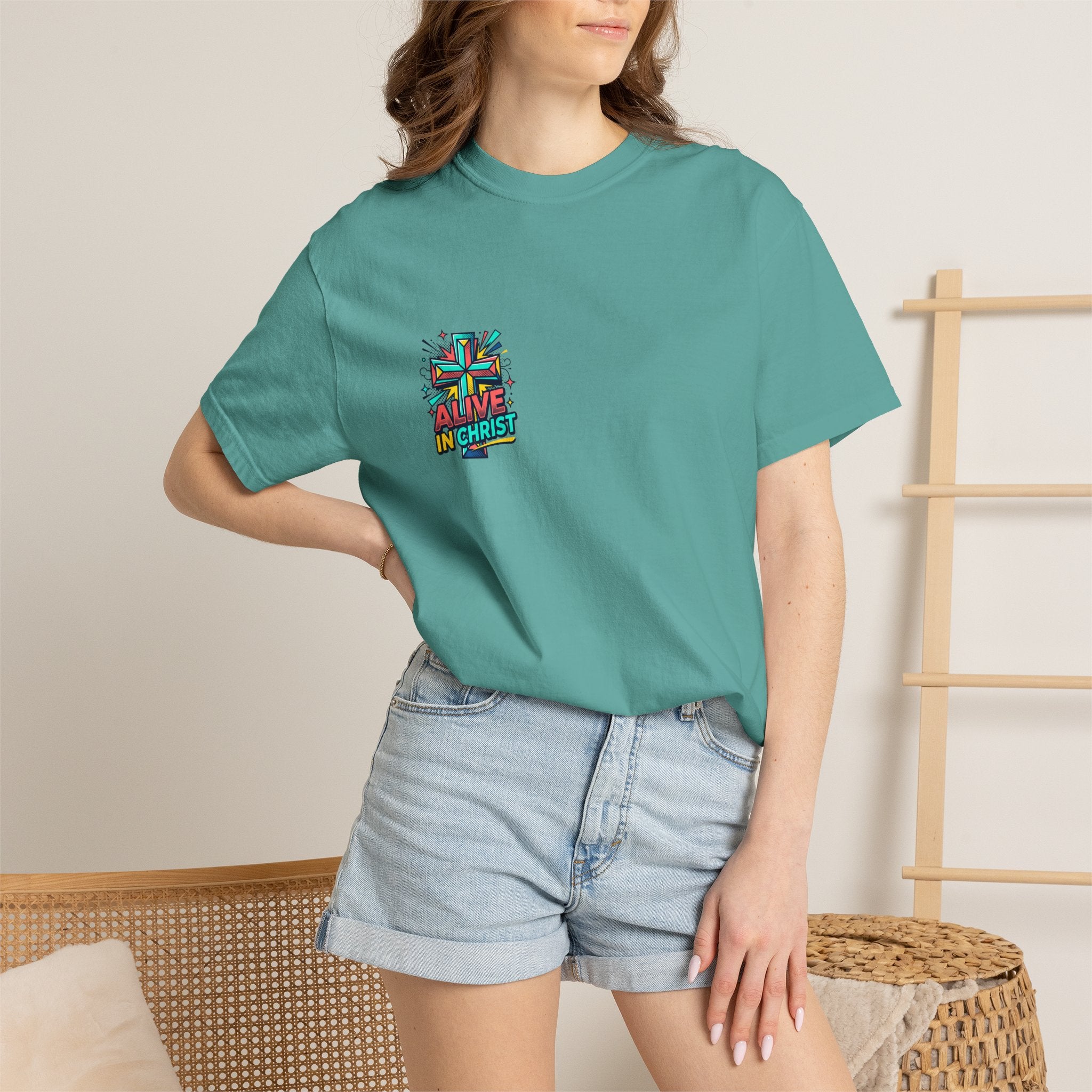 T-Shirt — "Alive in Christ" Colorful Cross Christian Tee