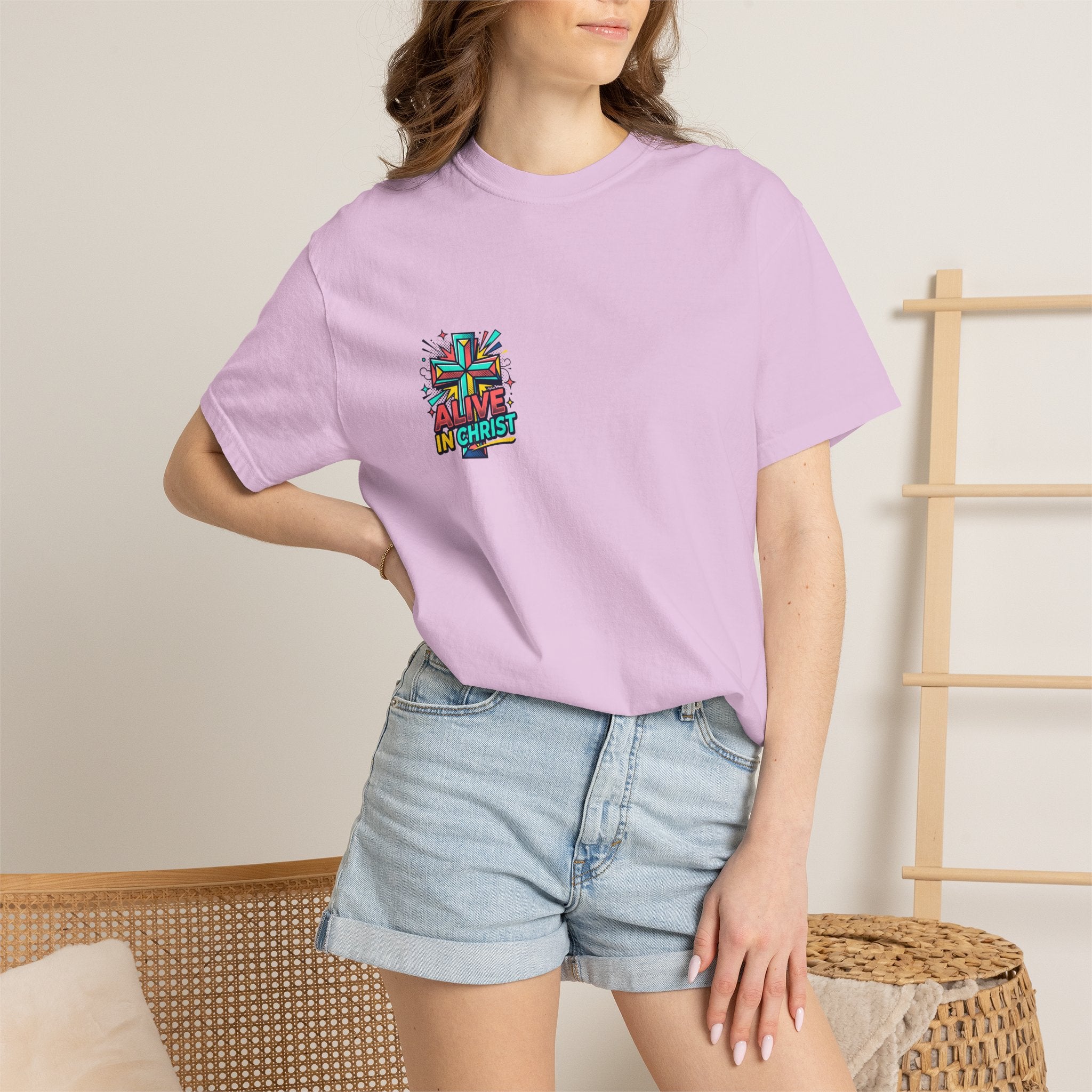 T-Shirt — "Alive in Christ" Colorful Cross Christian Tee